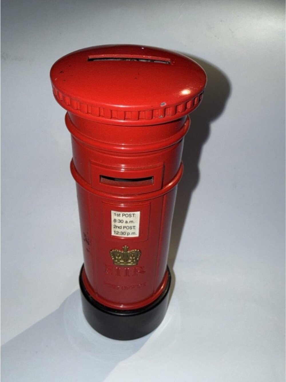 British Post Office Box Bank with Original Plug Red Metal Piggy Bank 6x2.5”